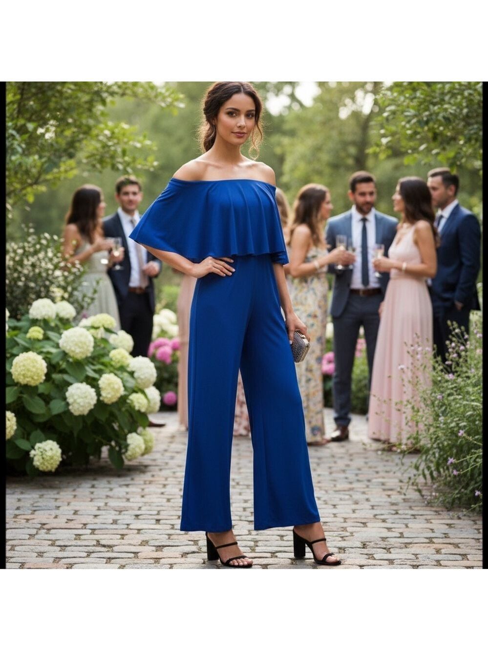 Marina Jumpsuit Cobalt Blue Off-Shoulder Ruffle Wide Leg Sz 12 Formal Evening